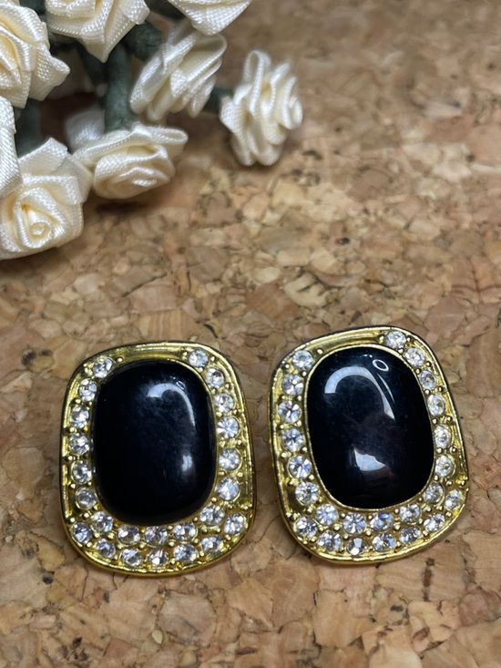 Roman Jewelry - Vintage Roman 1989s Gold-Tone Black Enamel & Crystal Earrings